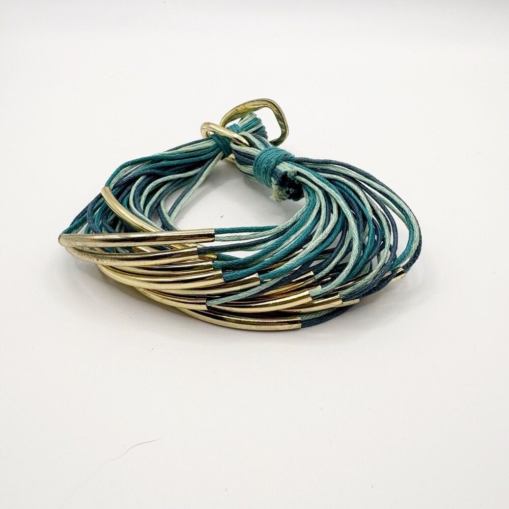 Layered Stack Bracelet Aqua Blue Fabric Yarn Metal Tube Beachy Coastal Cruise